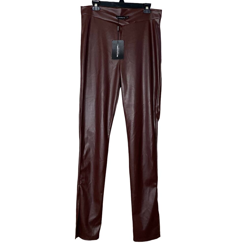 PrettyLittleThing Shape V Front Ruched Bum Split Hem Faux Leather Pants Size 10